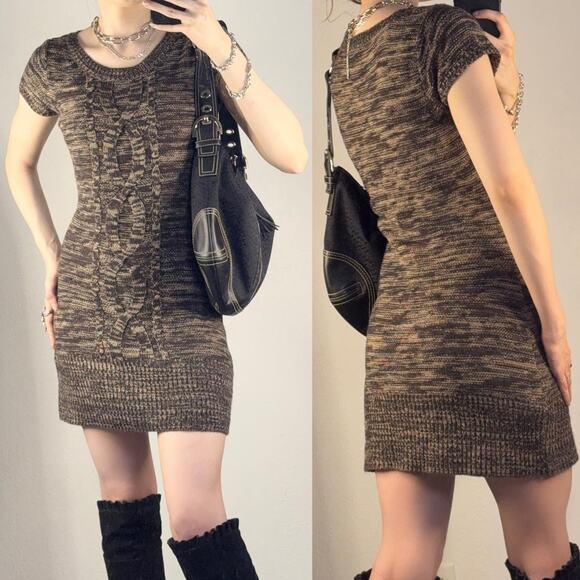 Sweater Mini Dress Brown Brown Marled Cable Knit Bodycon Size Medium Fall - Picture 1 of 6